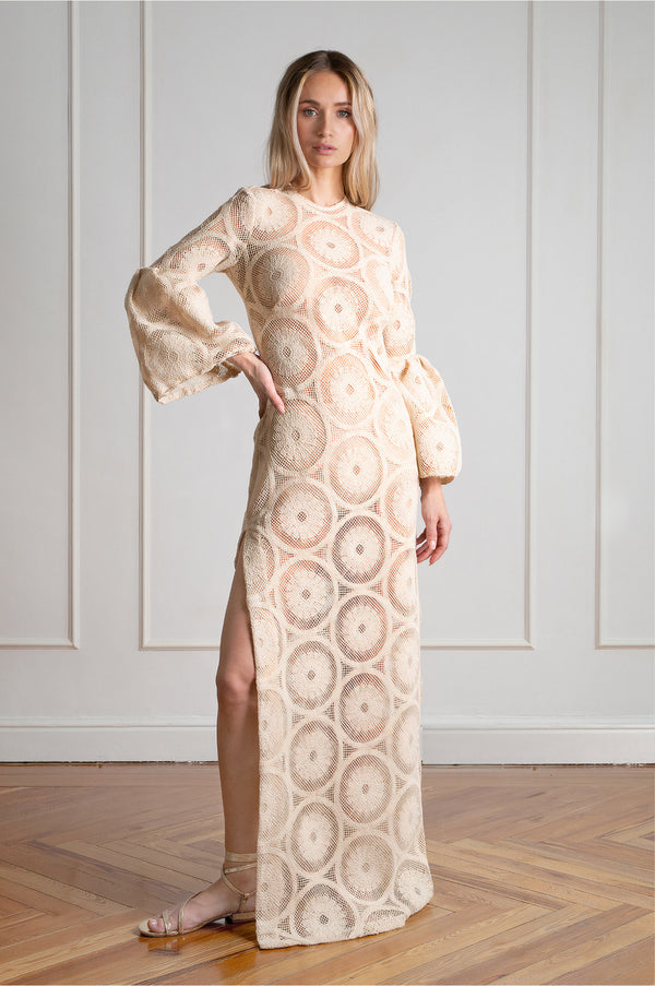 Vestido largo crochet beige