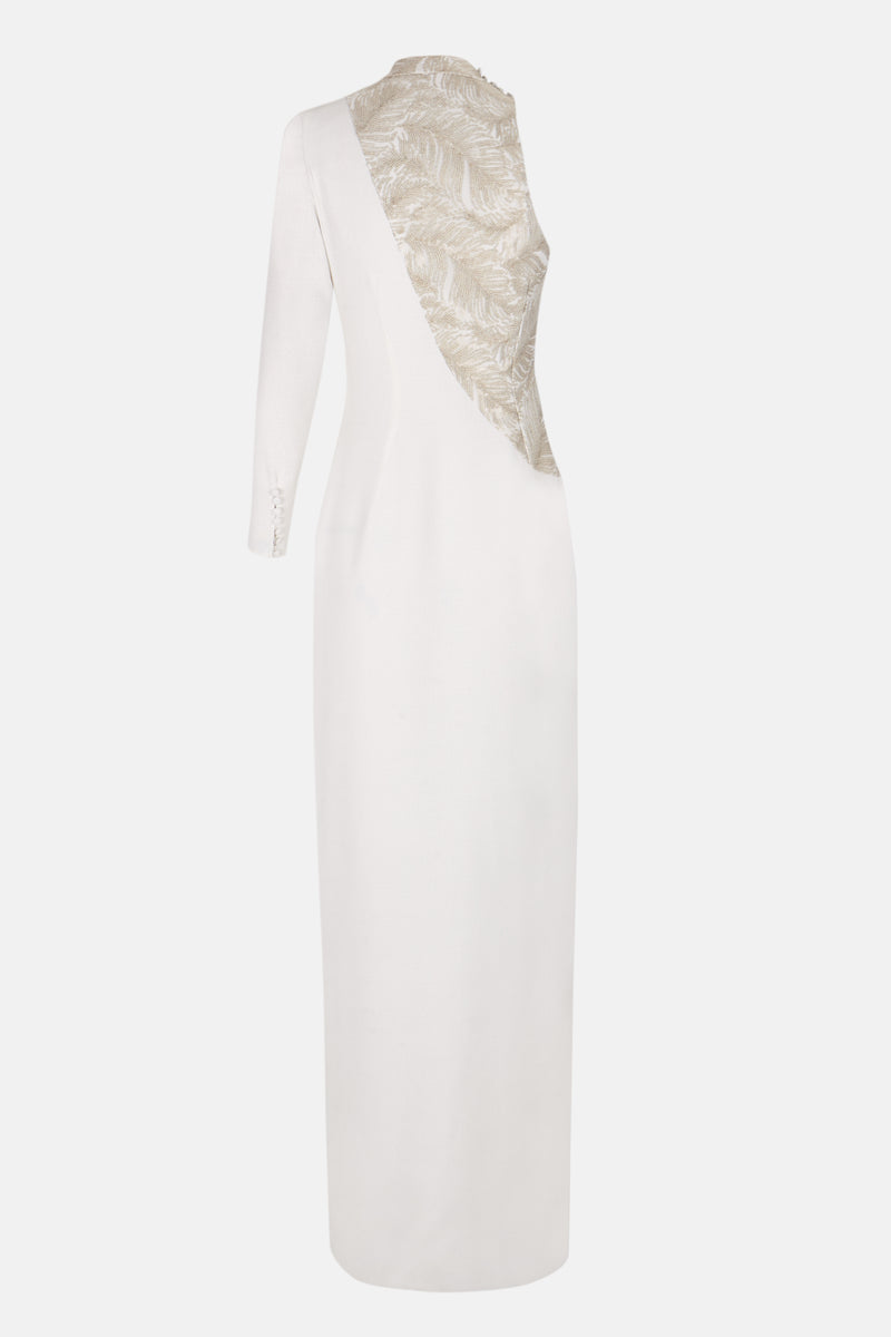 Vestido asimétrico bordado silueta espalda