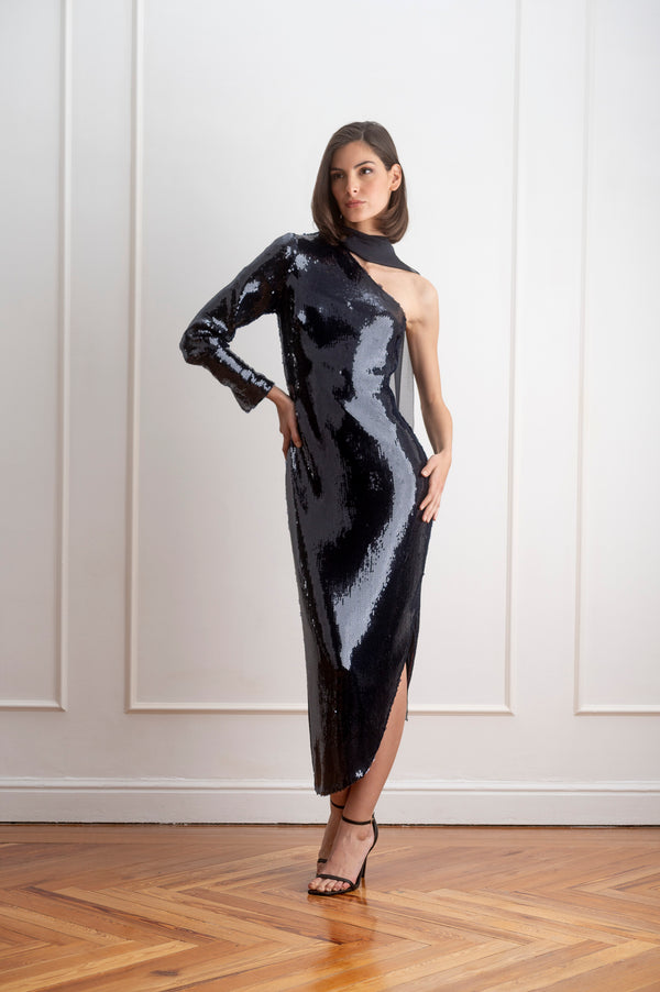 Vestido asimétrico lentejuelas azul