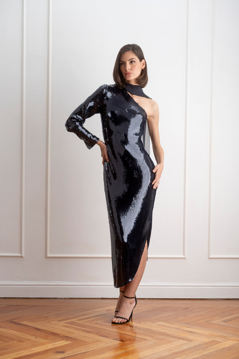 Vestido asimétrico lentejuelas azul
