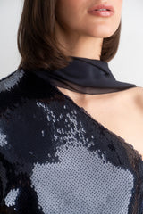 Vestido asimétrico lentejuelas azul detalle