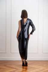 Vestido asimétrico lentejuelas azul espalda