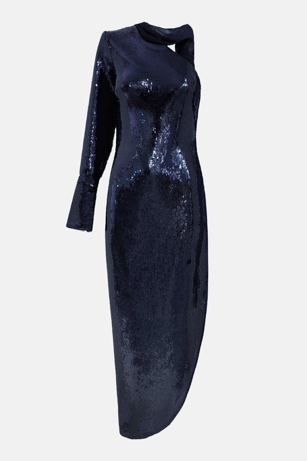 Vestido asimétrico lentejuelas azul silueta