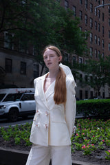 Silk mikado tailored suit with embroidered flowers