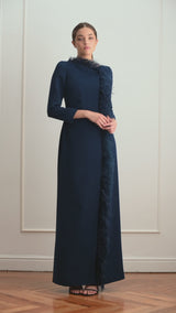 Vestido azul plumas