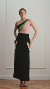 Falda negra midi con bolsillos tricolor