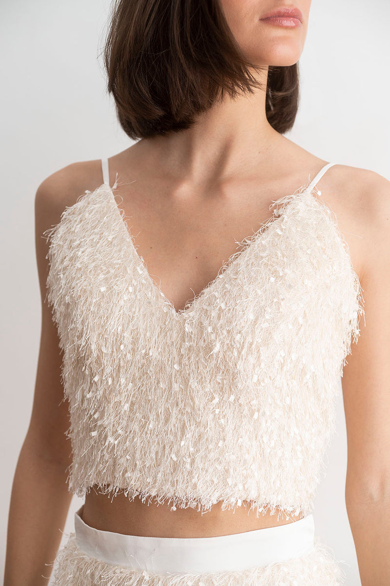 Top de flecos novia detalle