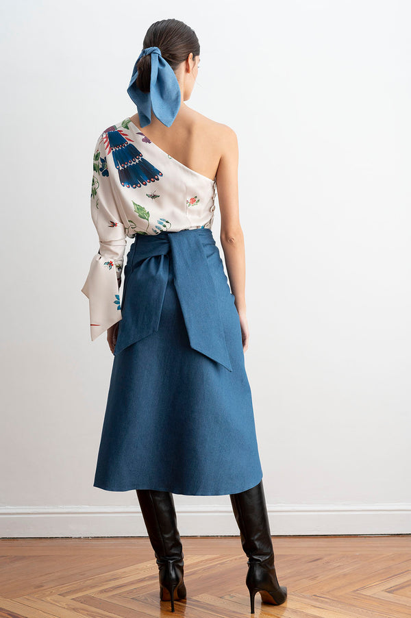 Espalda de la Blusa Drapeada Asimétrica Estampado