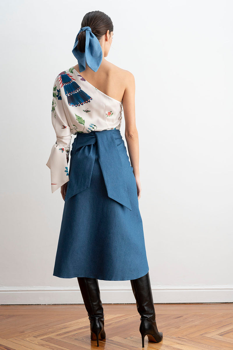 Espalda de la Blusa Drapeada Asimétrica Estampado