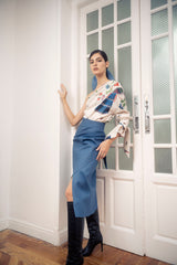 Lookbook de la Blusa Drapeada Asimétrica Estampado