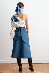 Asymmetrical wrap denim skirt