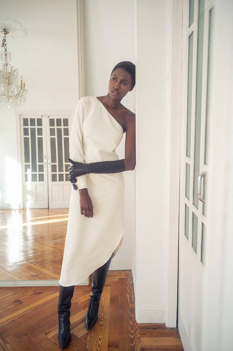 white asymmetric midi dress One Shoulder Asymmetric Midi Dress In White Shirred | EGO US