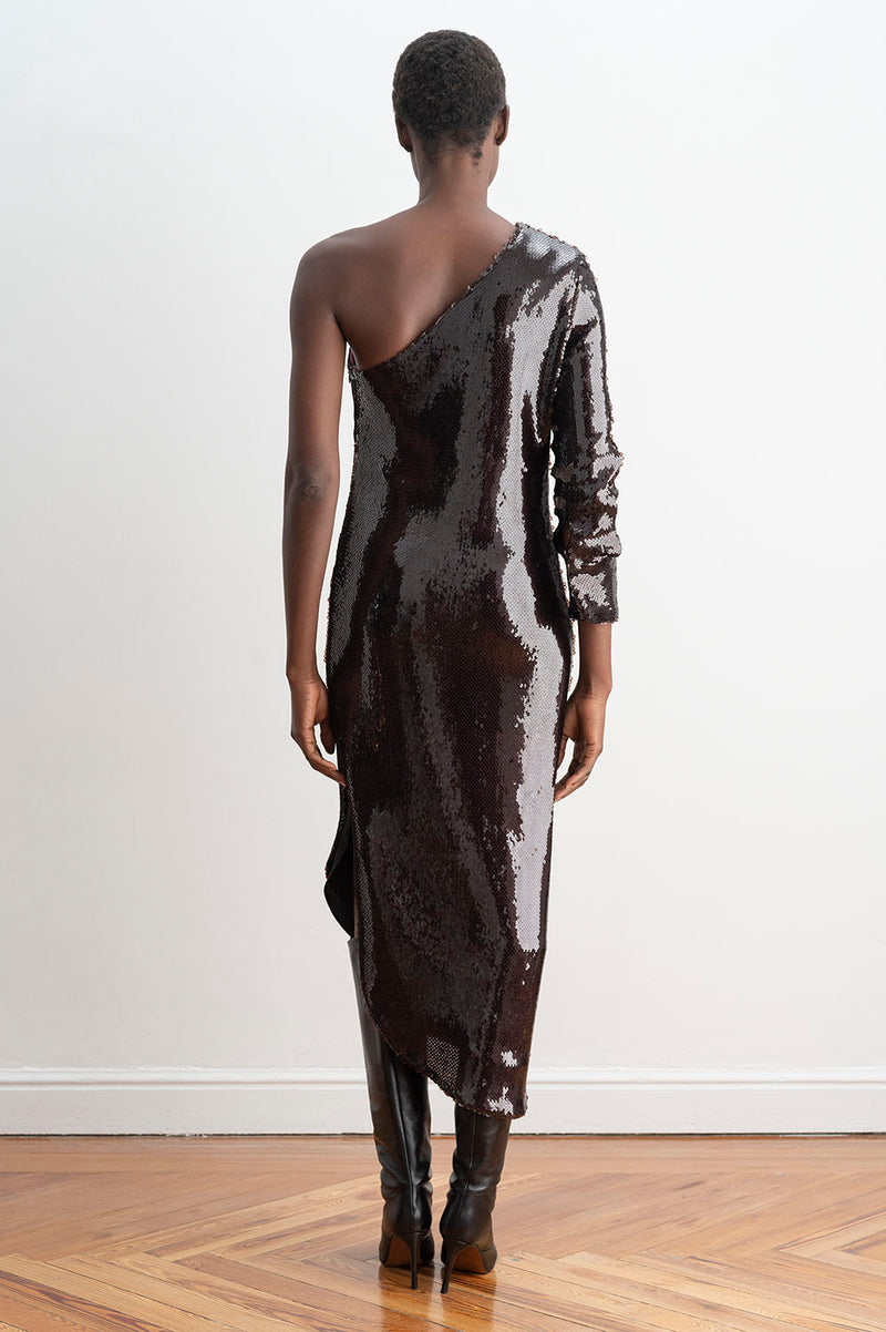 Espalda del Vestido Midi Asimétrico Lentejuelas