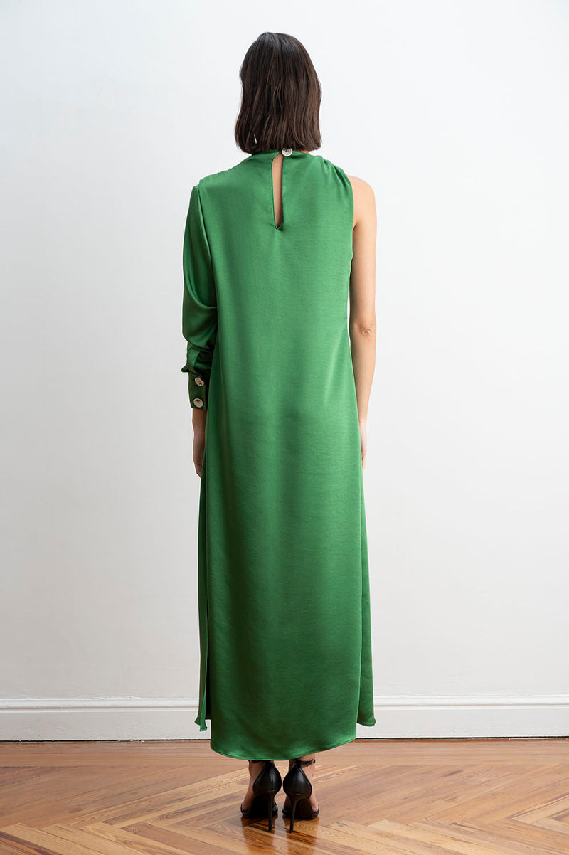 Espalda del vestido midi asimétrico color verde esmeralda