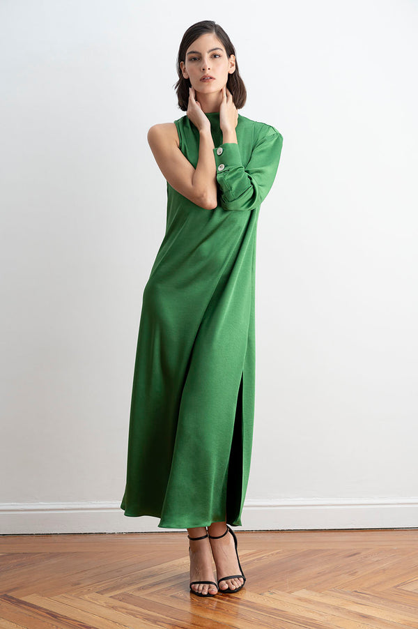 Vestido midi asimétrico color verde esmeralda