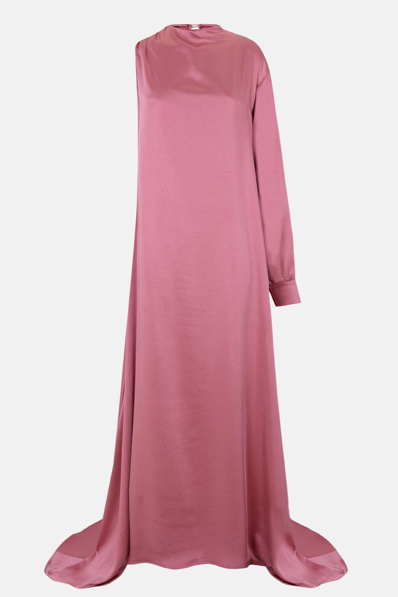 Silueta frontal del vestido noche asimétrico rosa